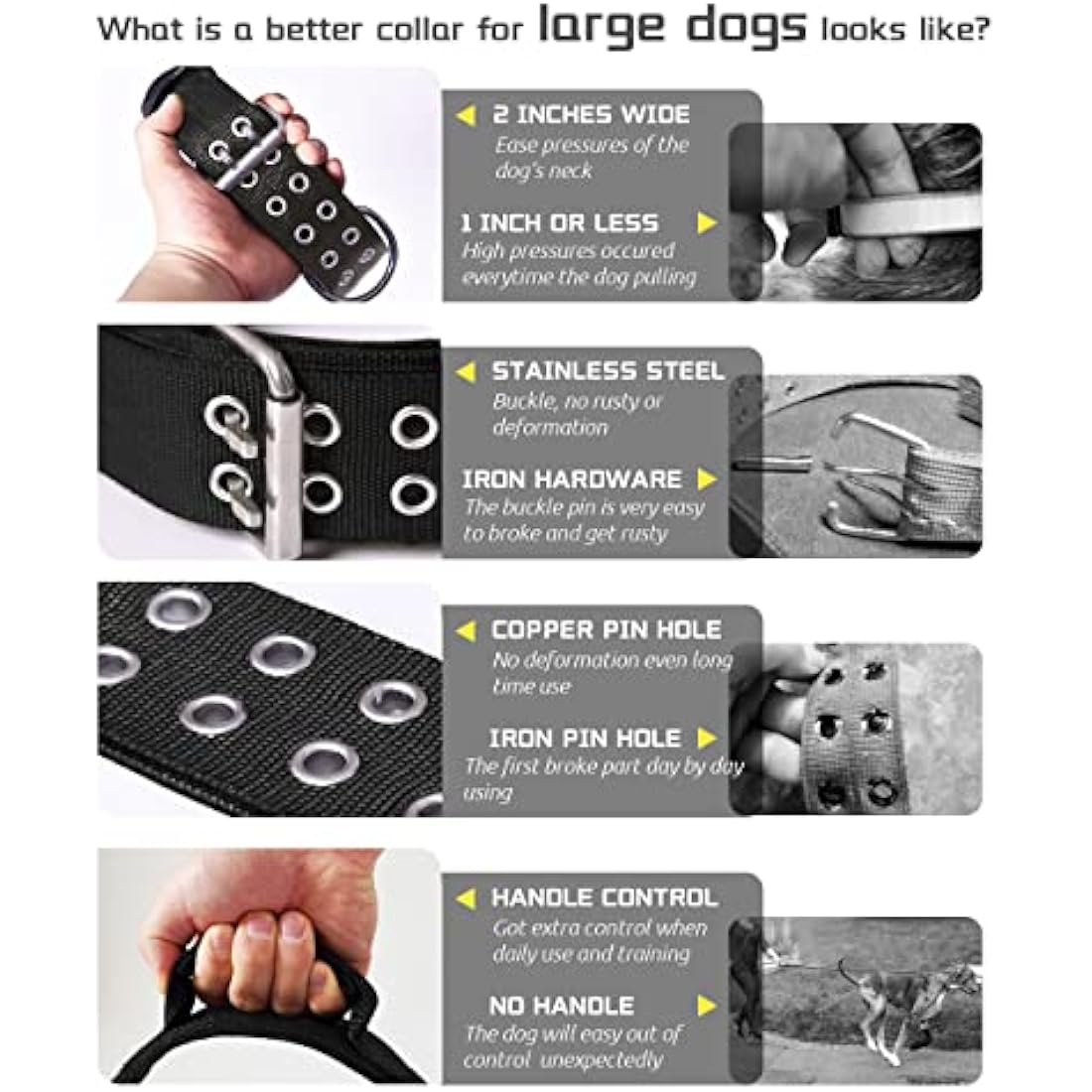 HQSHNY Dog Collar for Large Dogs - 5 cm Wide, Black, Neoprene & Nylon, Stainless Steel, Wide & Padded for Comfort & Safety, Handle for Extra Control, Suitable for Large Breeds, 56-66 cm