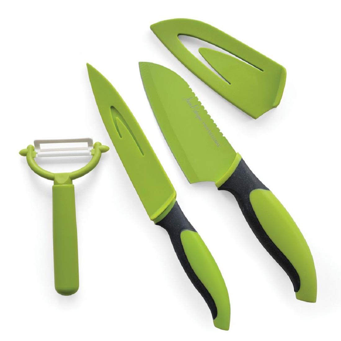 Jean-Patrique 3 Piece Chef?s Knifes Non-Stick Green & Black Prep Set, Kitchen Essential Tools with a Free Peeler