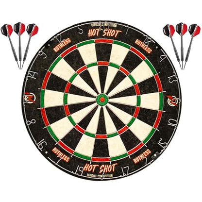 Ruthless Hot Shot Dart Board | Endurance Round Wire Sisal Dartboard Set Including 2 sets of Steel Tip Darts