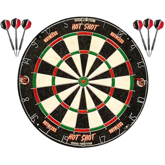 Ruthless Hot Shot Dart Board | Endurance Round Wire Sisal Dartboard Set Including 2 sets of Steel Tip Darts