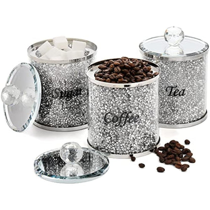 Cedilis 3 Pack Decorative Coffee Tea Sugar Canisters With Crushed Crystal Diamonds, Glass Food Storage Containers, Bling Kitchen Jar for Countertop Decor, Silver