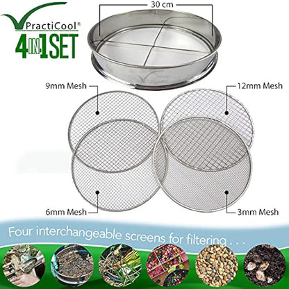 Practicool garden potting mix sieve - stainless steel riddle - soil sifting pan - with 4 interchangeable filter mesh sizes - 3,6,9,12 mm and bonus spade