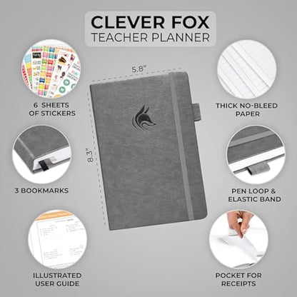 Clever Fox Teacher Planner – School Year Planner with Calendars & Lesson Plans – Teacher Plan Book for Classroom & Homeschool Organization - Undated, A5 Size, Hardcover (Grey)