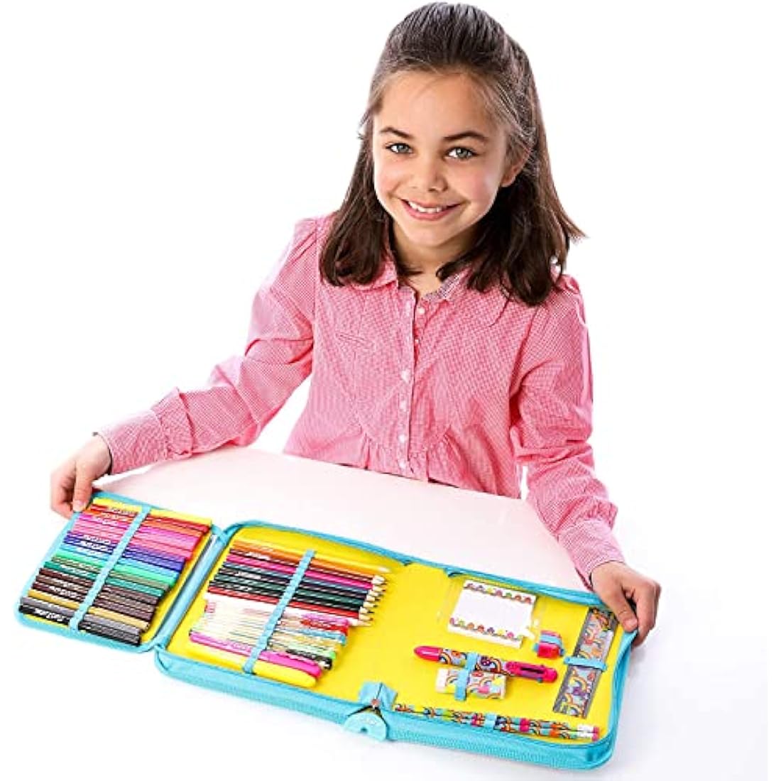 GirlZone 43-Piece Rainbow Stationery Set for Girls, Jumbo Rainbow Arts & Crafts Filled Stationery Pencil Case for Girls, Art Case for Toddlers, Kids, Teens & Teachers