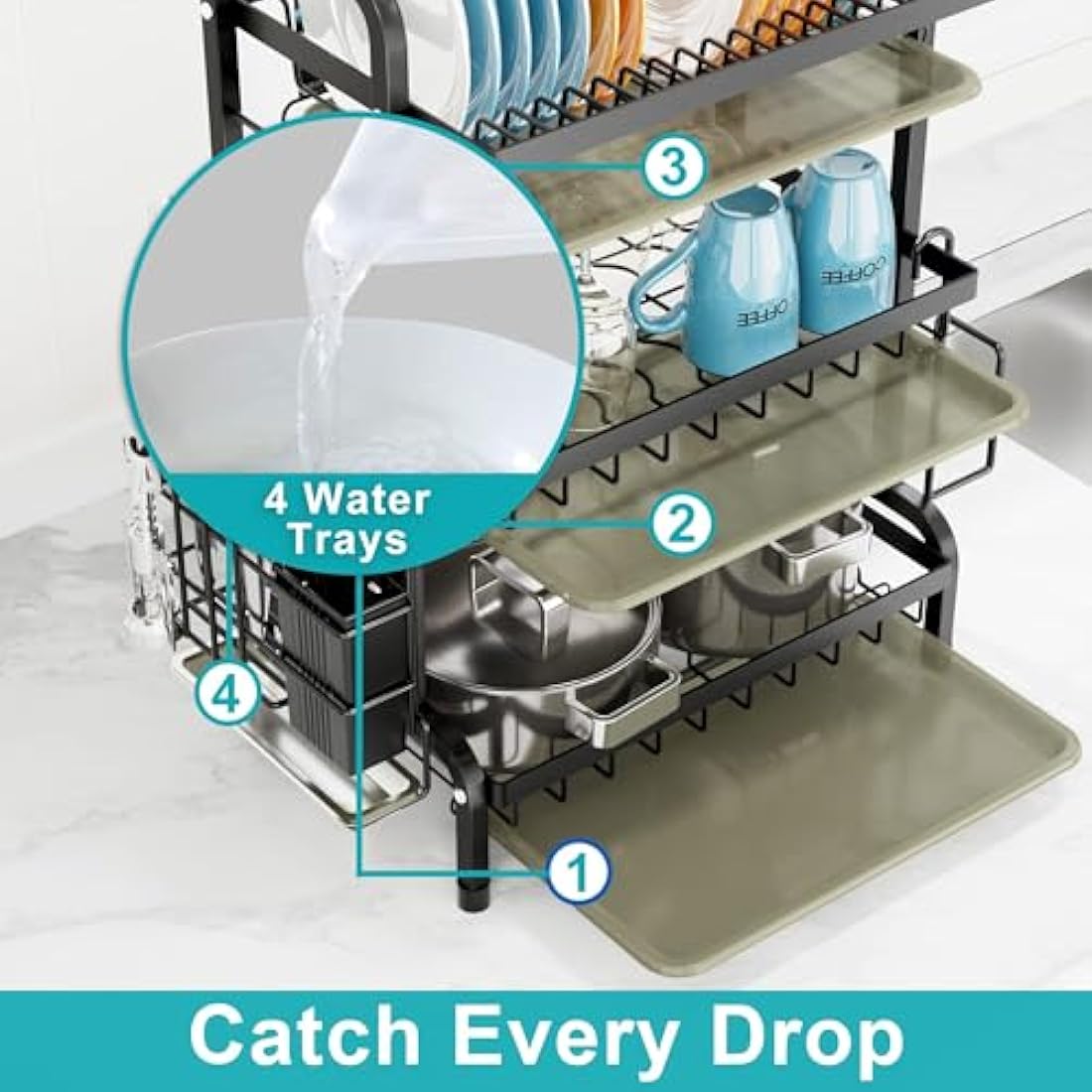Dish Drainers Rack with Drip Tray, 3 Tier Large Dish Drying Rack with Draining Board and Cutlery /Chopping Board Holder over Sink, Dish Dryer Rack For Plate/Utensil on Kitchen Countertop (3-tier)