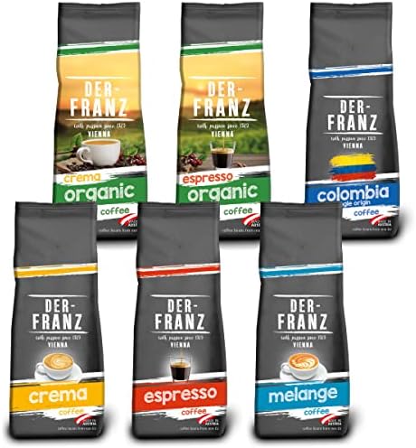 Der-Franz Coffee Pack, whole bean, 6 x 500 g (1 x Crema, 1 x Espresso, 1 x Melange, 1 x Colombia, 1 x Espresso Organic, 1 x Crema Organic)