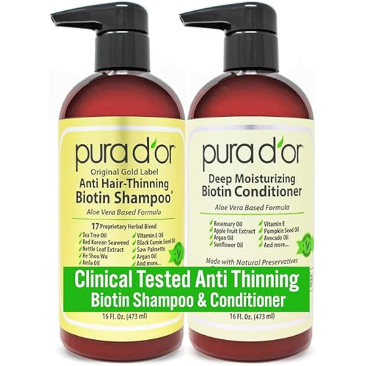 PURA D'OR Gold Label Anti-Thinning Deep Moisturizing Therapy Shampoo & Conditioner Set, Clinically Tested Effective Solution, Infused with Organic & Natural Ingredients for All Hair Types, Men & Women