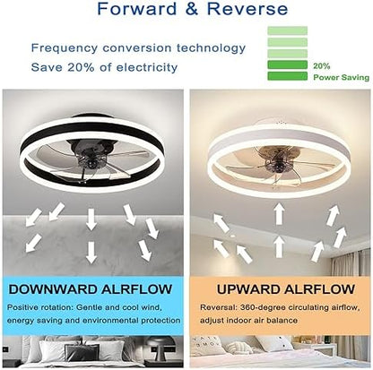 OMGPFR LED Ceiling Fan with Lights, Reversible Remote, 6 Speeds Modern Bedroom Fan Light, Quiet Dimmable Small Ceiling Light for Living Room, Black 50CM