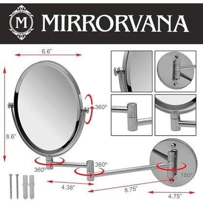 Extending Wall Mounted Bathroom Mirror for Shaving and Makeup - Double Sided 5X / 1X Magnification with 360° Rotation - 33cm Extendable Swivel Arm, Oval 17x22cm (Polished Chrome)