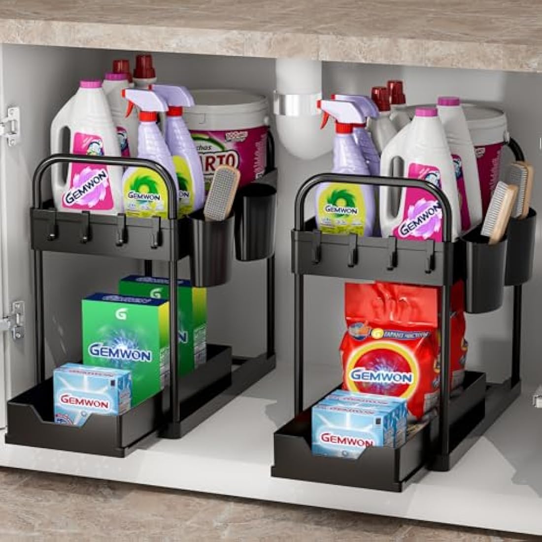 GEMWON Under Sink Storage Kitchen Organiser, 2 Tier Sliding Kitchen Storage Under Sink shelf, Multi-Purpose Organisation for Bathroom, Bottom Slide Out Basket Black 2Piece
