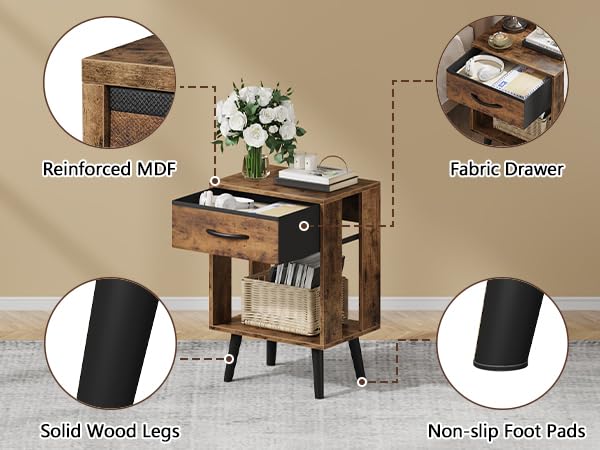 OYRREU Rustic Bedside Table Set of 2 with Drawers & Open Shelf for Bedroom