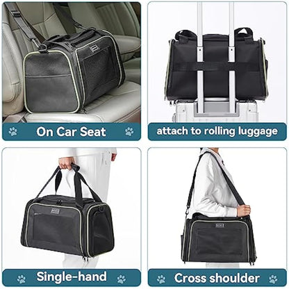 PETSFIT Soft Cat Carrier with Extendable Fleece Pet Mat, Kitty Carrier Airline Approved with Safety Leash for Pets Up to 12 Lbs (44 * 26.5 * 27CM, Black)