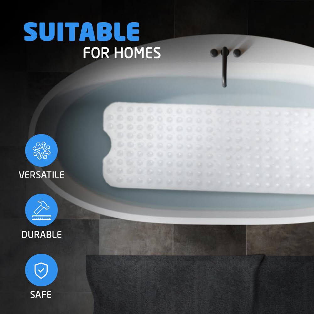 Non-Slip Shower Bath Mat, 100x40cm Long Anti Mould & Mildew Shower Mat, Powerful Suction Cups Grips, BPA, Latex Free, Resistant, Safe