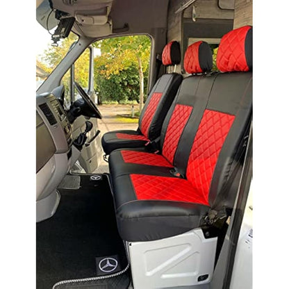 Texmar Designed to fit MERCEDES SPRINTER 2006-2018, VW CRAFTER 2006-2018 RIGHT HAND DRIVE ECO BLACK-RED LEATHER Seat Covers 2+1 (1 single 1 double)
