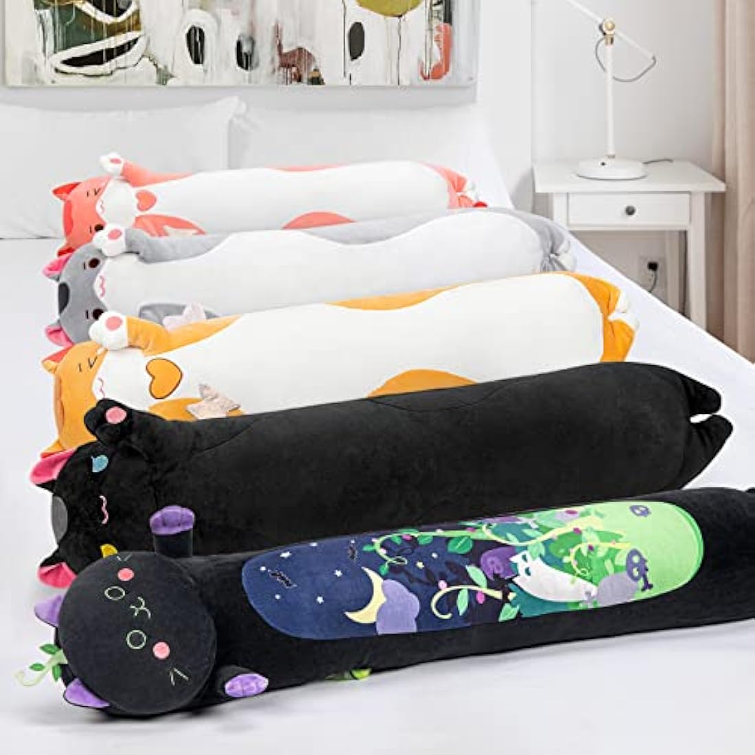 Mewaii 51in Long Devil Mint Cat Plush Pillows Stuffed Animals Squishy Pillows - Plushie Cute Kitty Sleeping Hugging Plush Pillow Soft Toys for Kids(Black)