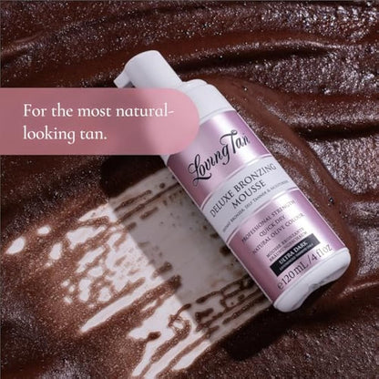 Loving Tan Deluxe Bronzing Mousse, Ultra Dark - Streak Free, Natural looking, Professional Strength Sunless Tanner- Up to 5 Self Tan Applications per Bottle, Cruelty Free, Naturally Derived DHA- 120ml