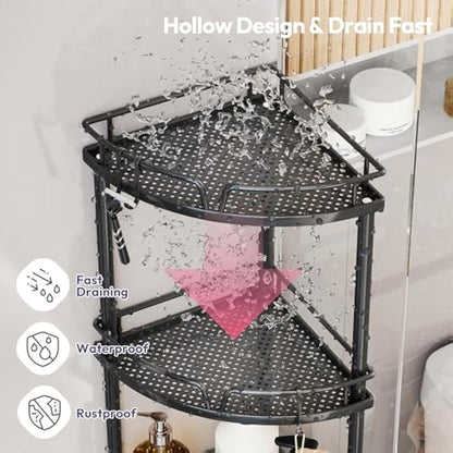 SWTYMIKI Corner Shower Caddy - 3 tier Bathroom Corner Shelf Shower Organizer Corner with 4 Hooks, Rust Free Standing Shower Caddy with Soap Holder,Shower Rack for Inside Bathroom,Shower storage,Black