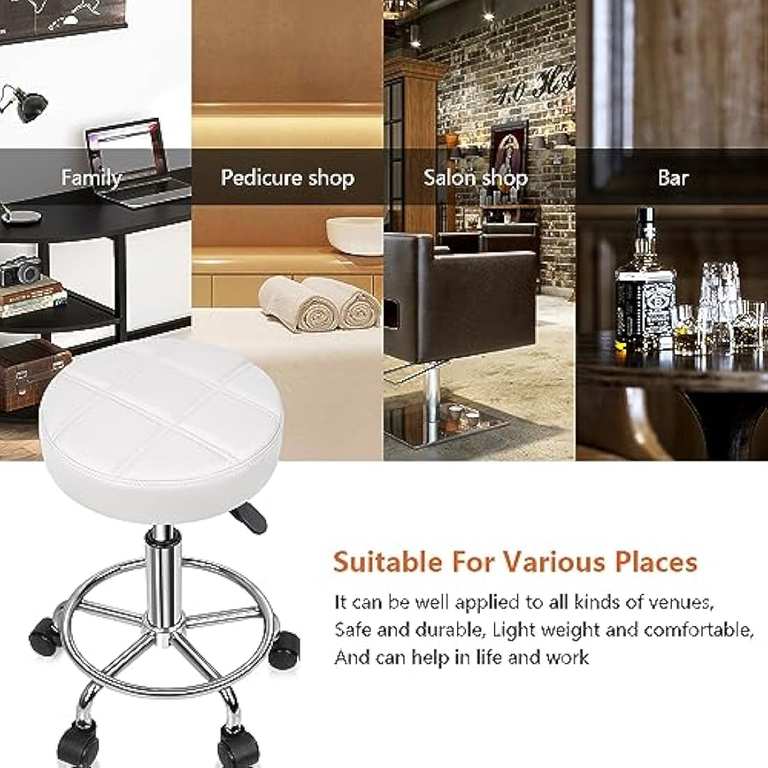KKTONER Round Rolling Stool Chair PU Leather Height Adjustable Swivel Drafting Work SPA Shop Salon Stools with Wheels Office Chair Small (White)
