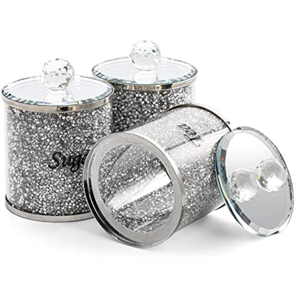Cedilis 3 Pack Decorative Coffee Tea Sugar Canisters With Crushed Crystal Diamonds, Glass Food Storage Containers, Bling Kitchen Jar for Countertop Decor, Silver