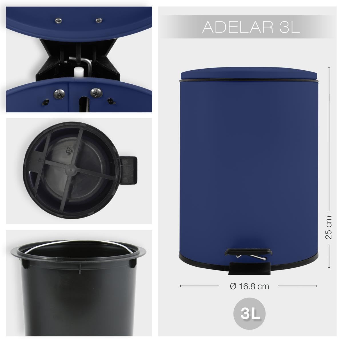 Spirella Adelar Bin 3 Litres Stainless Steel with Automatic Close and Inner Bucket, Soft Close, Matte, Dark Blue