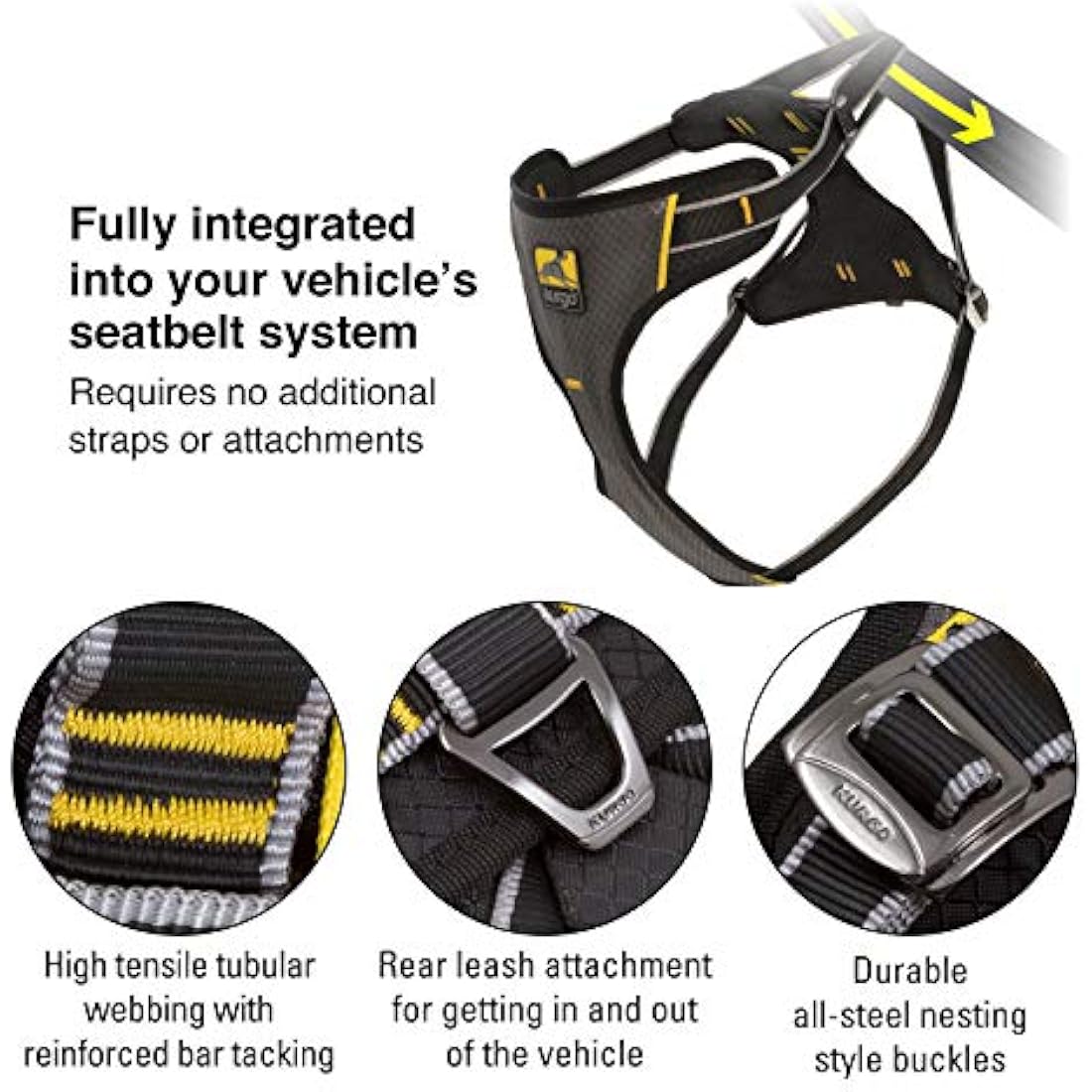 Kurgo Impact Dog Car Harness, Crash Tested, Integrates with Car Seatbelt System, Lightweight, Extra Large-Black/Charcoal Grey