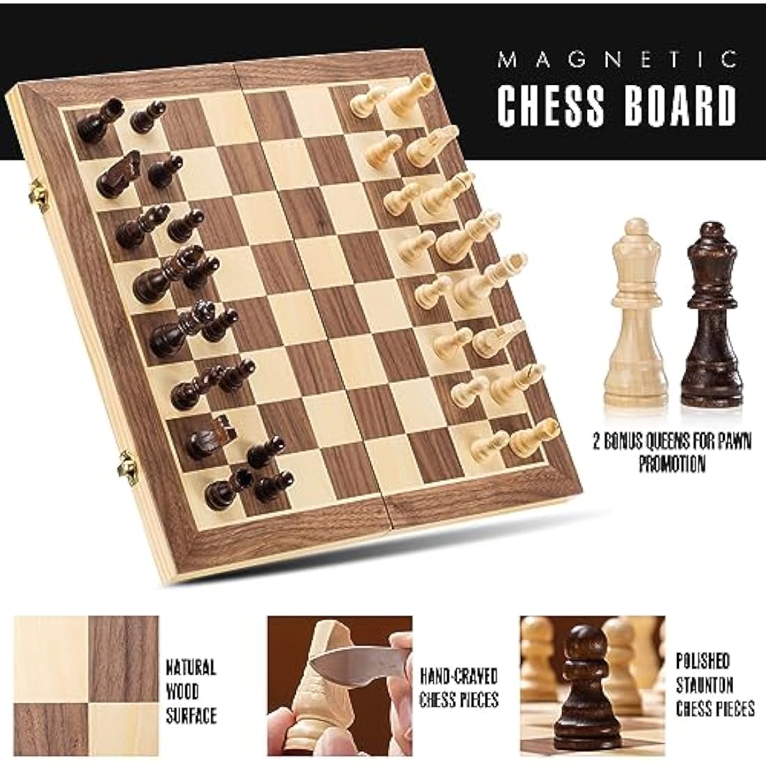 ASNEY Magnetic Chess Set, 15 Inches Tournament Staunton Wooden Chess Board Game Set with Crafted Chesspiece for Kids Adult, with Extra Kings Queens Carry Bag