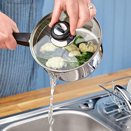 Judge Vista Draining Stainless Steel Medium Saucepan with Pouring Lip 14cm 1L, Shatterproof Glass Strain & Pour Lid, Induction Ready, Oven Safe