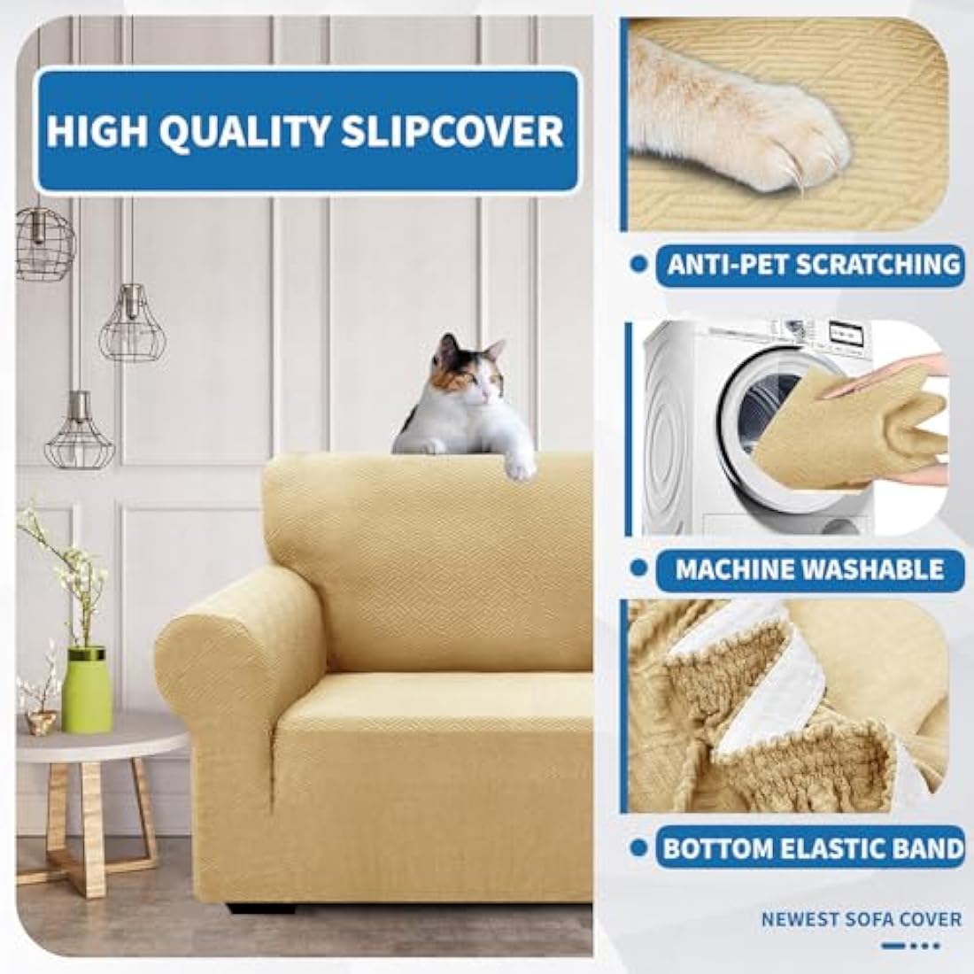XINEAGE High Stretch Sofa Covers 4 Seater Latest Jacquard Extra Large Couch Covers for Dogs Pet 1 Piece Sofa Slipcovers Living Room Non Slip Couch Furniture Protector Washable (4 Seater, Beige)