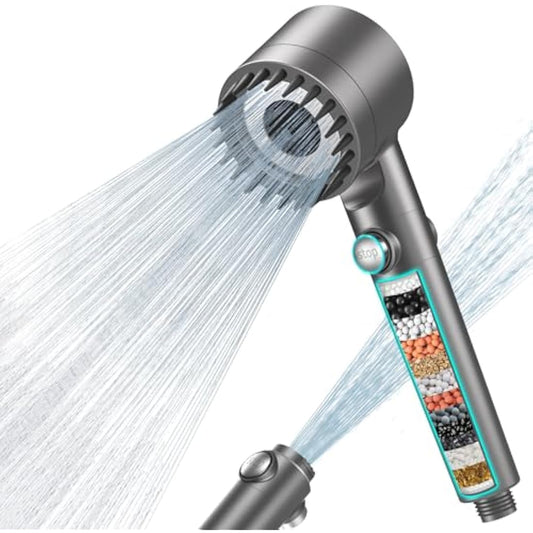 MEKO Hard Water Filter Shower Head with 15 Stage Filter, 3+1 Spray Jet Modes High Pressure Shower Head and 1.5m Hose, Handheld Massage Shower Filter for Residual Chlorine Remove (Grey)