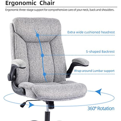 MZLEE Executive Office Chair, Ergonomic Computer Desk Chair Swivel Work Chair with Flip-up Armrest, Adjustable Height, Comfortable for Office Home Gaming(Grey Fabric)
