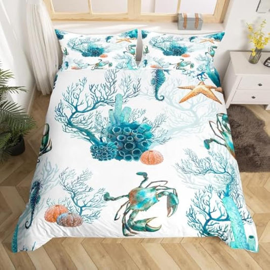 Ocean Bedding Sets King Sea Marine Comforter Cover, Watercolor Animal Bed Set Sea Horse Crab Duvet Cover, Starfish Coral Quilt Cover Kids Underwater Theme Bedroom Decor 3pcs