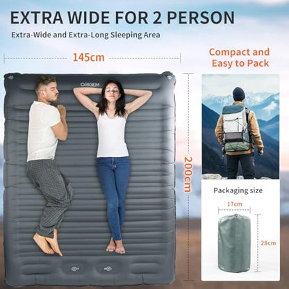 Origem Self Inflating Camping Sleeping Mat Double, 14Cm Extra Thick & Wide Camping Mattress with Built-In Foot Pump, Inflatable Sleeping Pad For Hiking, Outdoor, Traveling, Backpacking, Beach