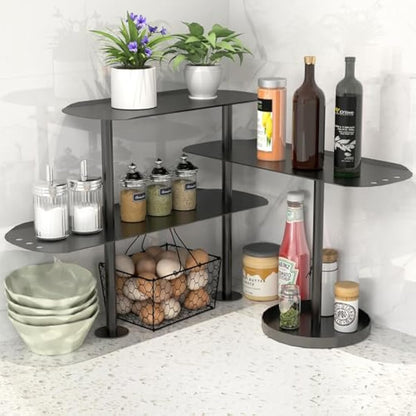 STWWO Kitchen Countertop Organizer,3 Tier Adjustable Corner Shelf Metal Spice Rack Freestanding Desktop Storage Rack for Kitchen Coffee Bar Bathroom Counter Plant, Black