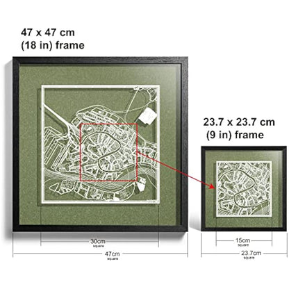 O3 DESIGN STUDIO Venice Paper Cut Map framed, White map, Black frame, 9x9 inches, Gift Boxed, 4 background color, self-changing, Paper Art