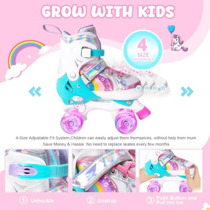 OLYSPM Kids Roller Skates for Girls Boys Pro 4-Size Adjustable, Roller boots With 8 Light Up Wheels, Beginner safe Children's Quad Skates - Ideal Christmas Birthday Gift