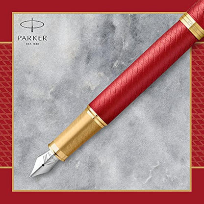Parker IM Fountain Pen | Premium Red Lacquer with Gold Trim | Fine Point with Blue Ink Cartridge | Gift Box