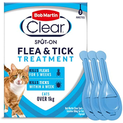 Bob Martin Clear Spot On Flea Treatment for Cats & Kittens - Kills Fleas & Ticks (3 Pipettes)