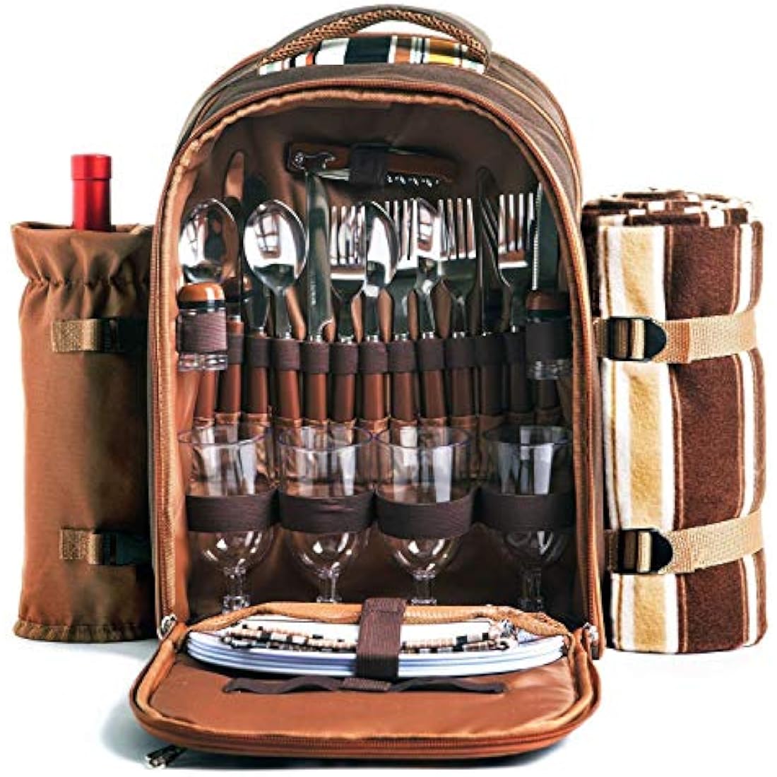 Hap Tim luxury 4 Person Picnic Backpack Picnic Rucksack Bag Hamper with Insulated Cooler Compartment includes Tableware & Fleece Blanket(EU3065)