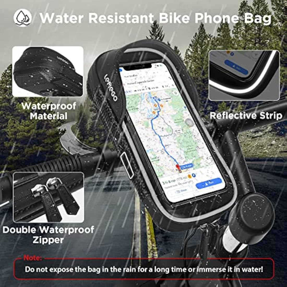 LEMEGO Bike Phone Holder Waterproof, Motorbike Phone Holder 360-Degree Rotatable, Bicycle Handlebar Bag, Bike Phone Mount for iPhone 14/14Pro Max/13/12/11/X/8 Samsung LG Sony Smartphones up to 7''