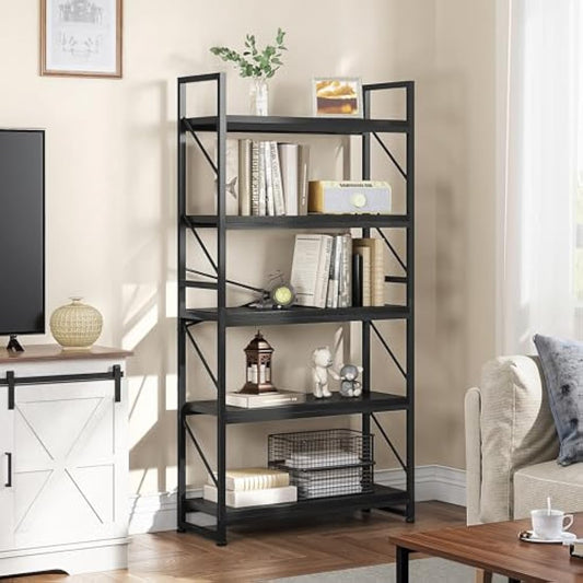 YITAHOME Bookcase 5 Tiers, Industrial Book Shelf Large Floorstanding Book case Wooden Shelf and Metal Frame Shelving Unit Display Storage Rack for Living Room, Home Office, Black Bookshelf