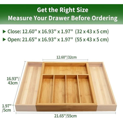 VaeFae Bamboo Cutlery Drawer Organiser, Expandable Cutlery Tray, Wooden Drawer Dividers for Kitchen Utensils and Flatware (5-7 Slots)