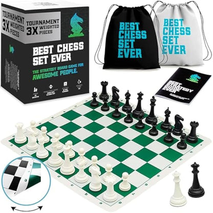 Best Chess Set Ever 3X Tournament Chess Set with Staunton Triple Weighted Pieces (10.3 cm King) for Adults & Kids – Foldable Roll-up Double-Sided 50x50 cm Silicone Board Mat, Ideal for gifting