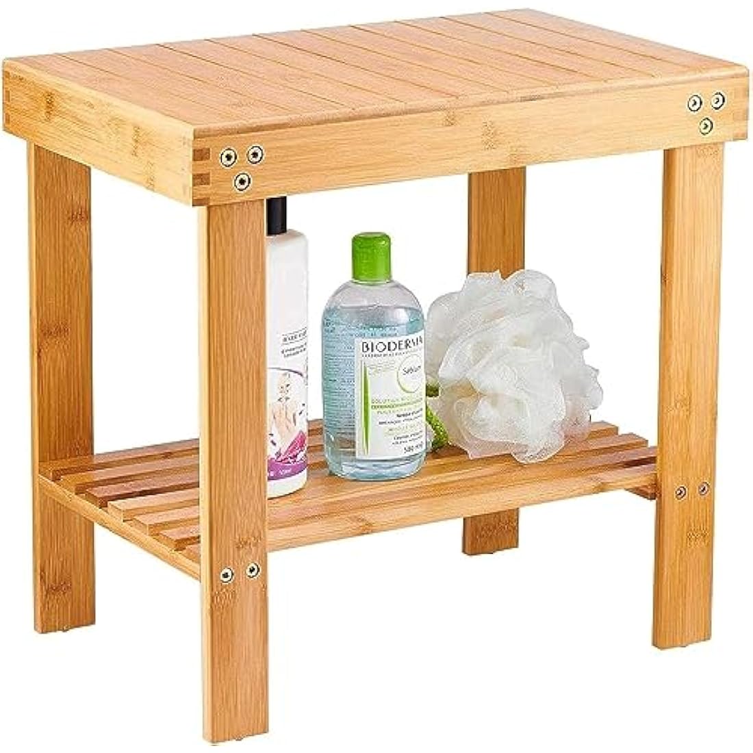 VaeFae Bamboo Bathroom Stools with Non-Slip Feets Storage Shelf for Shampoo Towel, Shower Stools Wooden Stool Works in Living Room/Bedroom/Garden Leisure