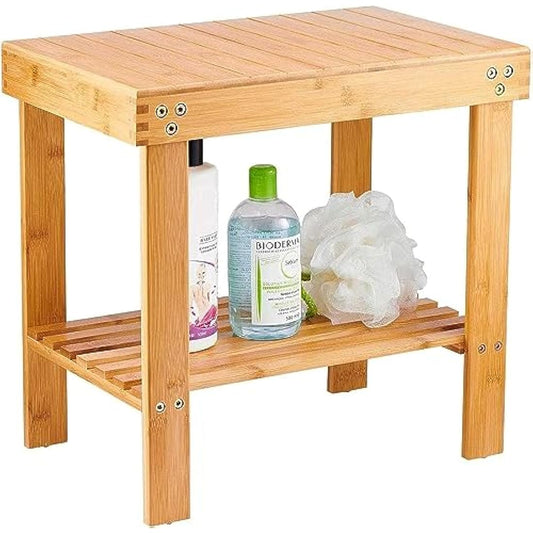 VaeFae Bamboo Bathroom Stools with Non-Slip Feets Storage Shelf for Shampoo Towel, Shower Stools Wooden Stool Works in Living Room/Bedroom/Garden Leisure