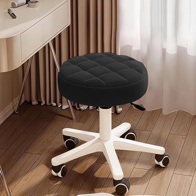 HNJZX Small Chair Round Rolling Stool with Wheels PU Leather Height Adjustable Swivel Stool Drafting Work Tatto Massage SPA Salon Stools Home Office
