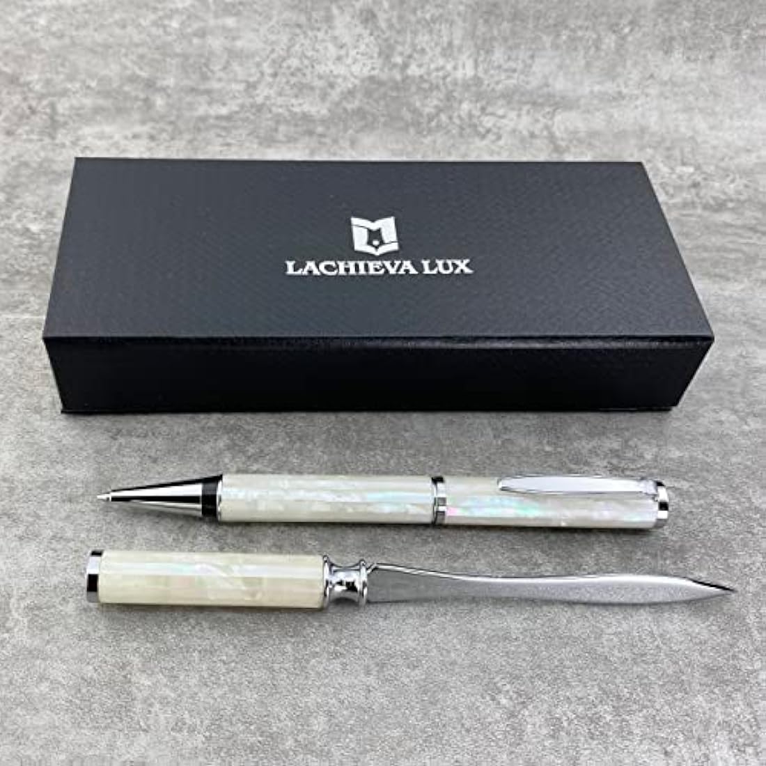LACHIEVA LUX Luxury Mother of Pearl Ballpoint Pen & Letter Opener Set, Unique Gift for Men & Women, Great for Christmas and Special Occasions