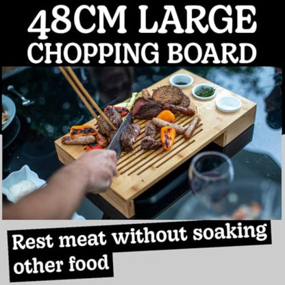 Dan&Co Unique Bamboo Meat Carving Board with Drip Tray and 3 Dipping Pots | 48cm Large Wooden Chopping Board for Kitchen for Preparing, Cutting, Resting, Serving | BBQ Gift