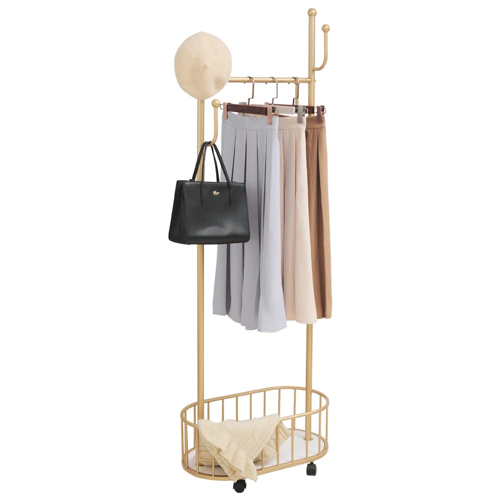 Cre Cra Golden Clothing Rack with Wheels Rolling Clothes Rack with Storage Basket Metal Moveable Coat Rack Stand Modern Garment Rack for Hanging