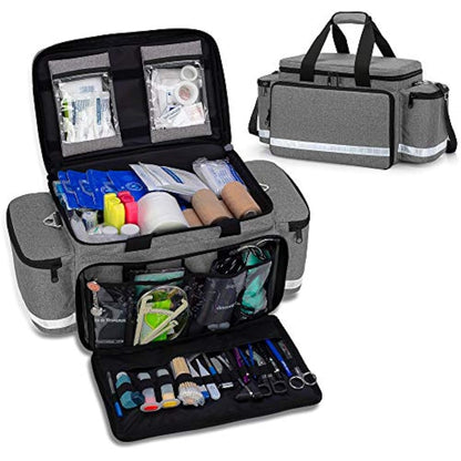 Trunab Emergency Responder Trauma Bag Empty, Professional Large First Aid Bag Medical Bag with Inner Dividers and Non-Scratch Bottom, Ideal for EMT, EMS, Paramedics, Grey, Empty-Patented Design
