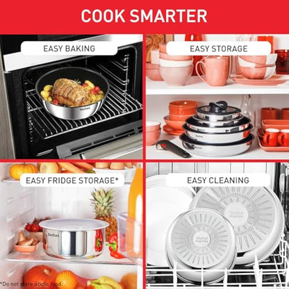 Tefal Ingenio Detachable Handle Pan 20pcs, Stainless Steel, Compact, Compatible with All hobs Induction & Oven, 2-in-1 Pans and bakeware Set, Stackable cookware Set Ideal for Small Kitchen storages
